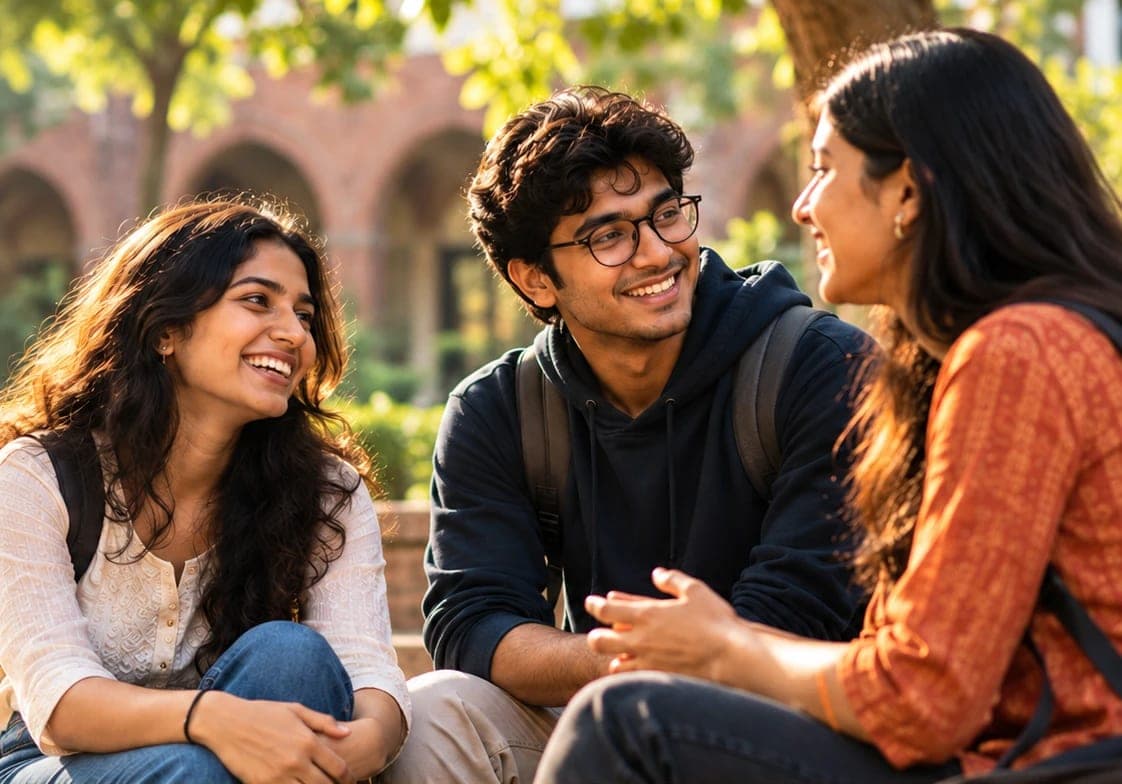 Three students laughing together on a college campus