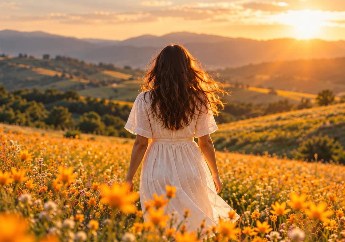 A woman walking through a field of flowers at sunset