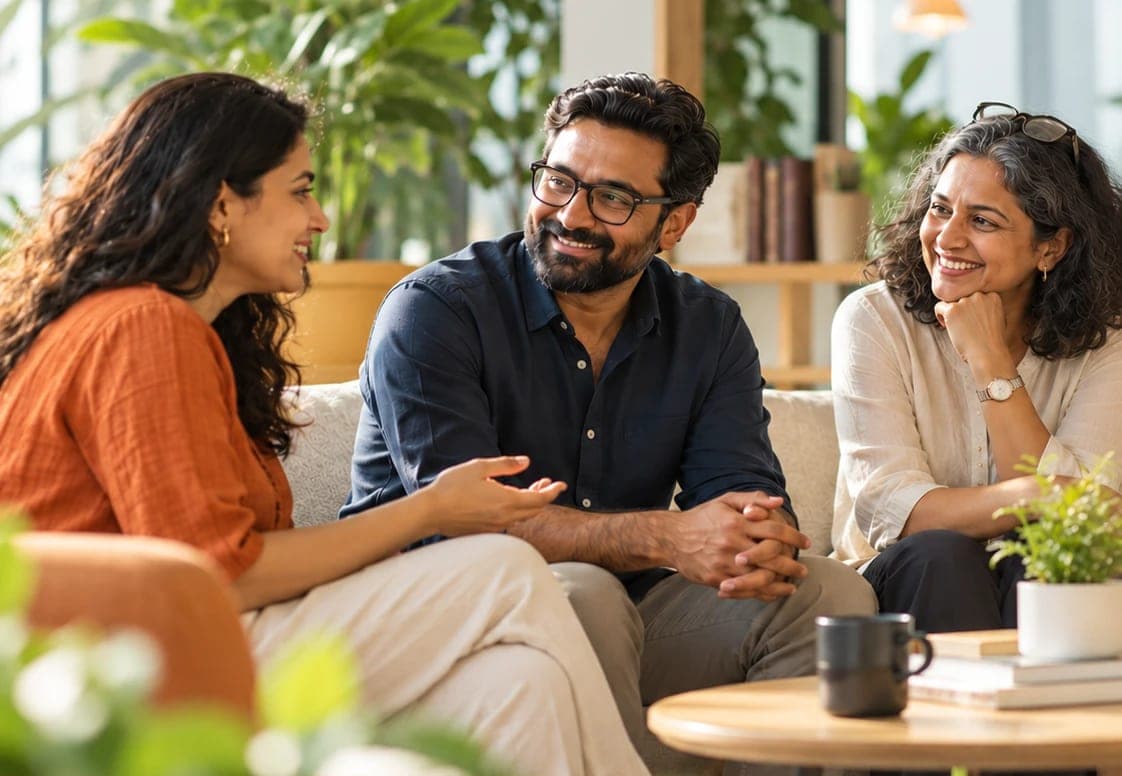 Colleagues talking together in a bright, relaxed office